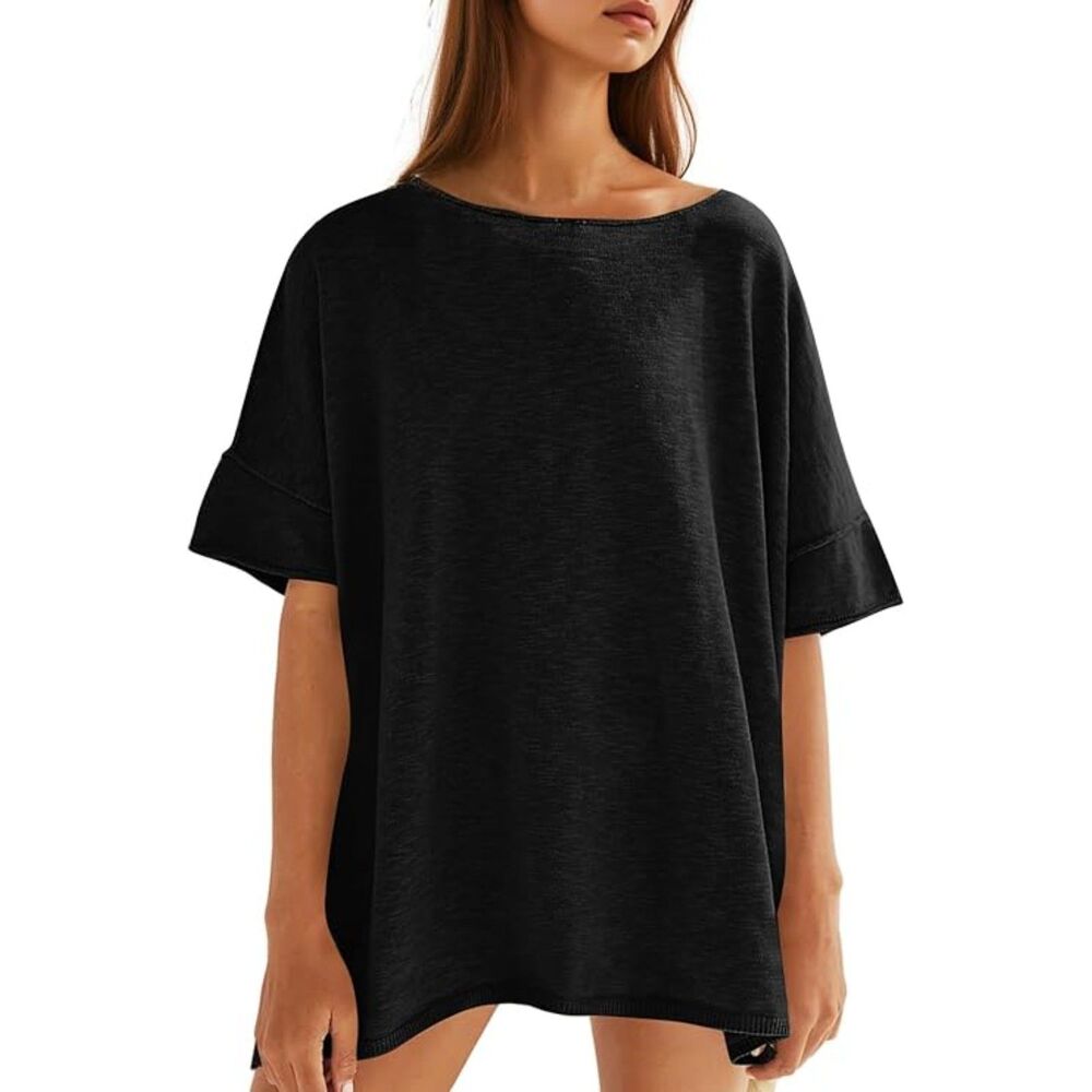 Crew Neck Loose Dropped Short Sleeve Side Slit Hem Blouse, Medium, 12F-198T003
